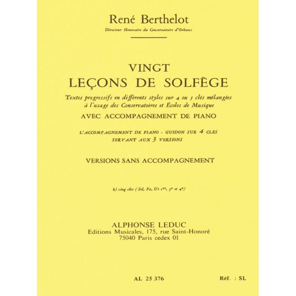 Berthelot 20 Lecons De Solfege B 5 Cles Sol Fa Ut 1ere 3eme 4eme S/Acc