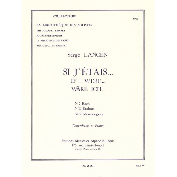 Lancen Si J'etais 7 Bach 8 Brahms 5 Moussorsky Double Bass &amp; Piano Bk