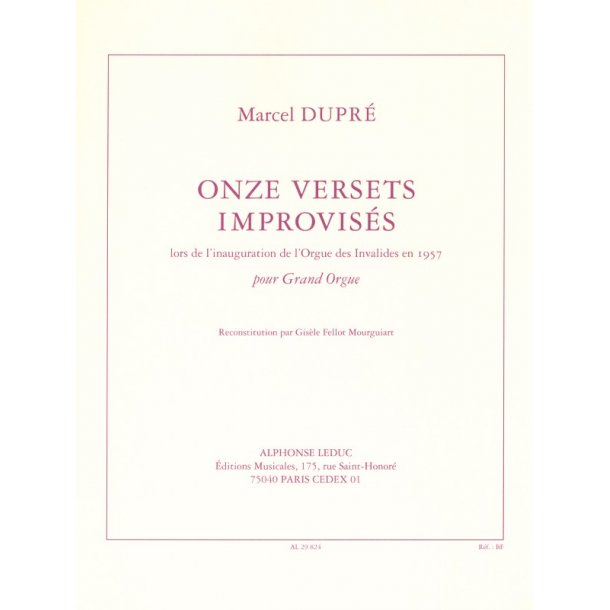 Dupre 11 Versets Improvises Lors De L'nauguration Organ Book