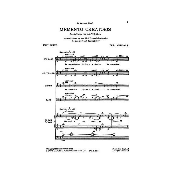 Thea Musgrave: Memento Creatoris For SATB And Organ