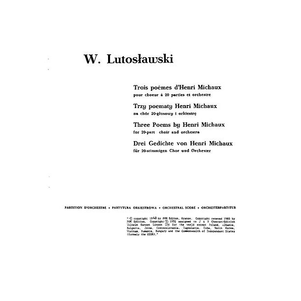 Witold Lutoslawski: Trois Poemes D'henri Michaux (Score)