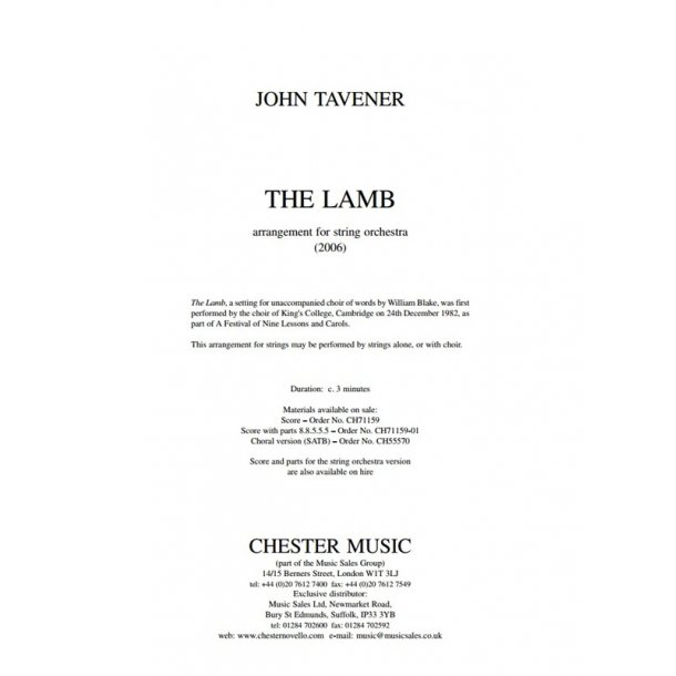 John Tavener: The Lamb - String Orchestra Version (Score and Parts)