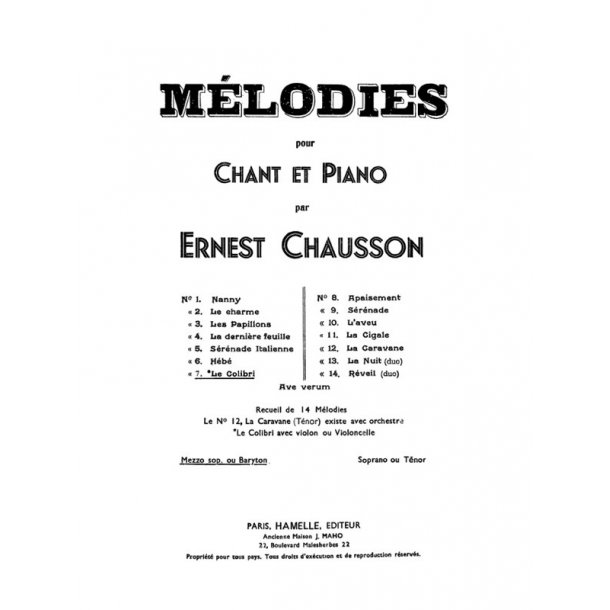 Chausson 14 Melodies No 7 Le Colibri Mezzo Soprano & Piano Book