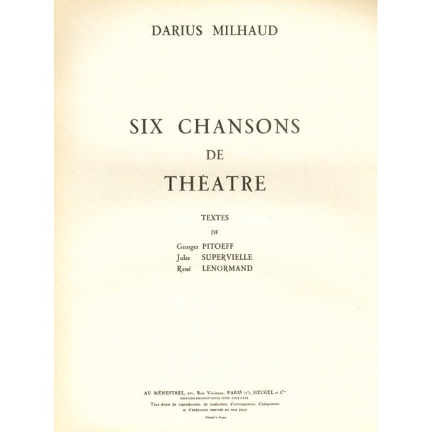 Milhaud Darius 6 Chansons De Theatre Medium Voice & Piano Book
