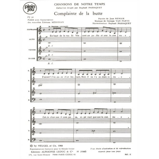 Van Parys Passaquet Chansons De Notre Temps Pj32 Complainte 4 Part