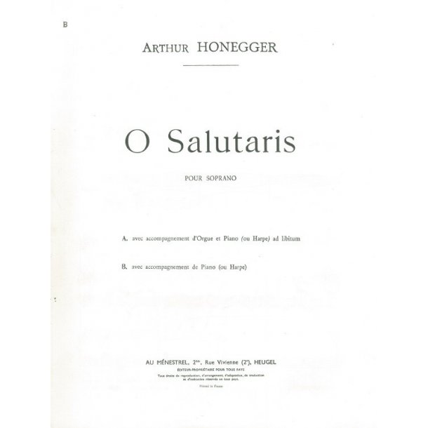 Honegger A. O Salutatis Soprano Solo Piano Book