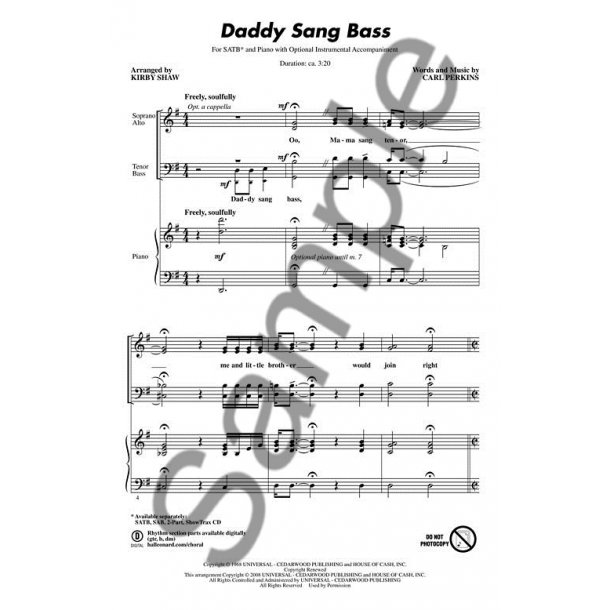 PERKINS CARL DADDY SANG BASS (ARR SHAW KIRBY) SATB CHOR