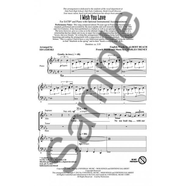 TRENET CHARLES I WISH YOU LOVE (ARR LOJESKI ED) SATB CHORAL