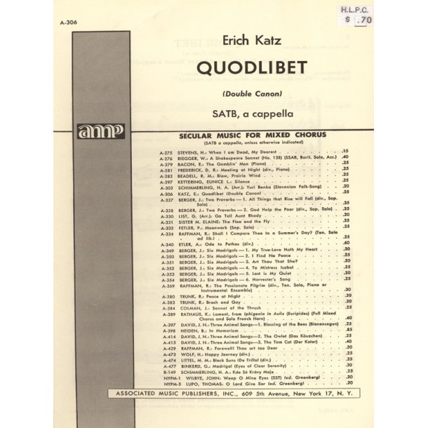 Quodlibet Unac (Double Cannon)  SATB A Cappella