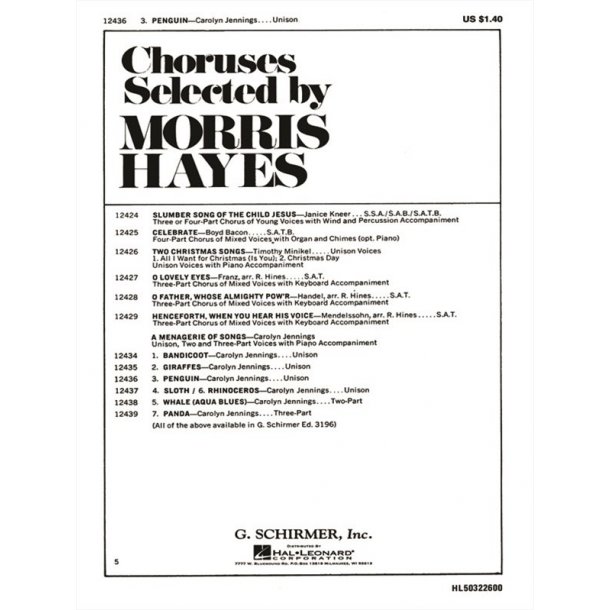 Penguin Unison 2 And 3 Part Voices And Piano Accomp(# 3 From A Menagerie Of Song S)