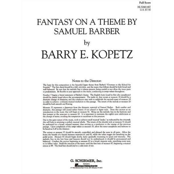 Fantasy On A Theme By Samuel Barber         Score