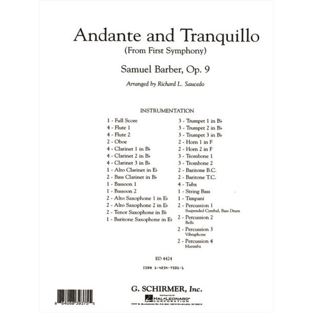 Barber Samuel Andante And Tranquillo (From First Symphony) Full Score