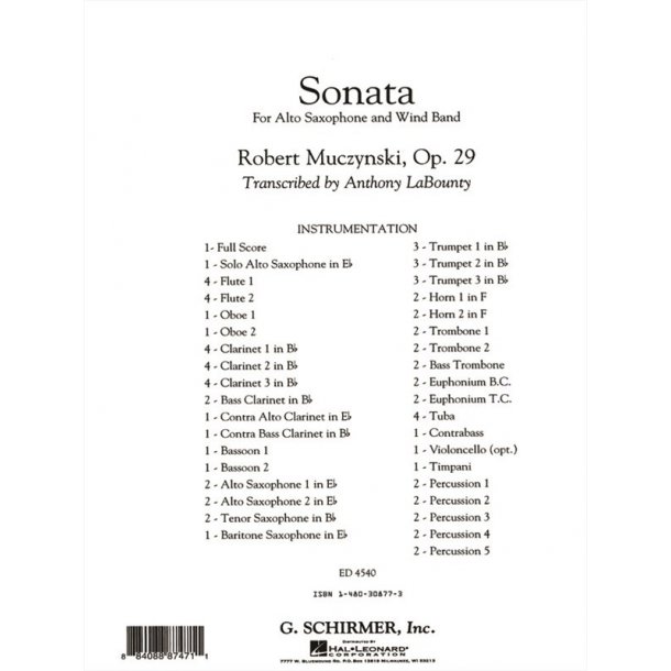 Muczynski Robert Sonata For Alto Saxophone Op 29 Score Only