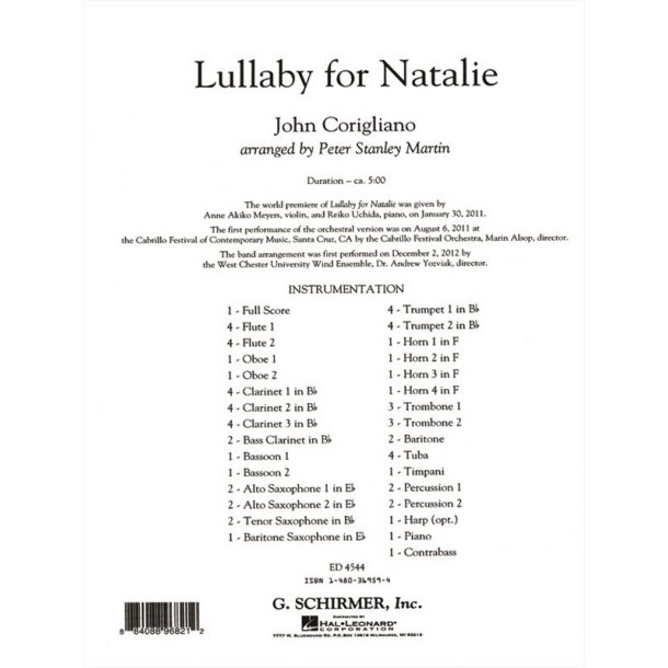 Corigliano John Lullaby For Natalie Full Score Only