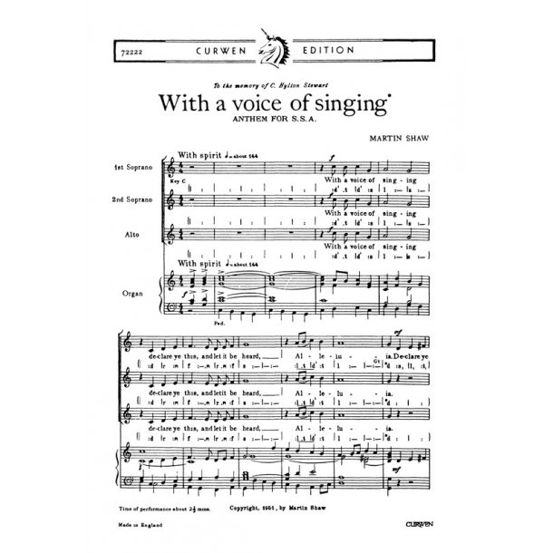Martin Shaw: With A Voice Of Singing (SSA and Organ)