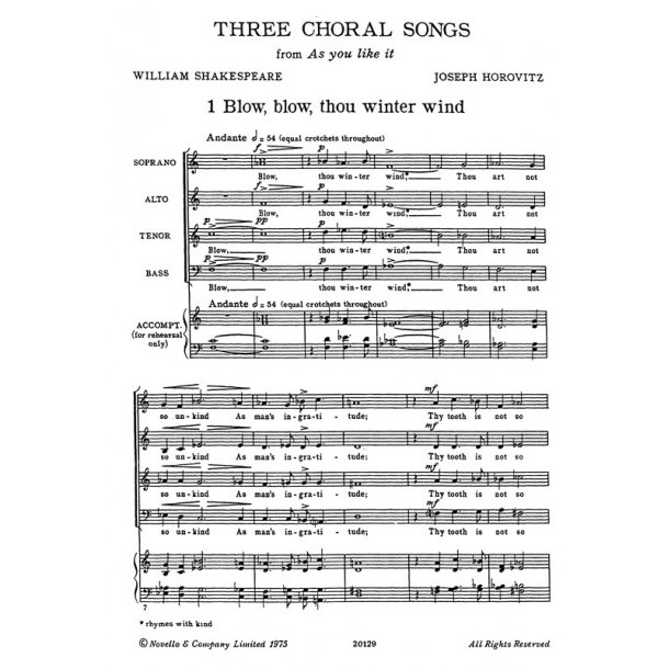 Horovitz: Three Choral Songs From 'As You Like It' (Vocal Score)