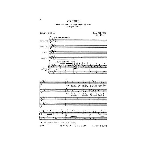 Porpora: Credidi for SSAA Chorus and Piano