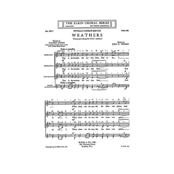 Thiman, E Weathers Ssa/Piano (For Rehearsal Only)