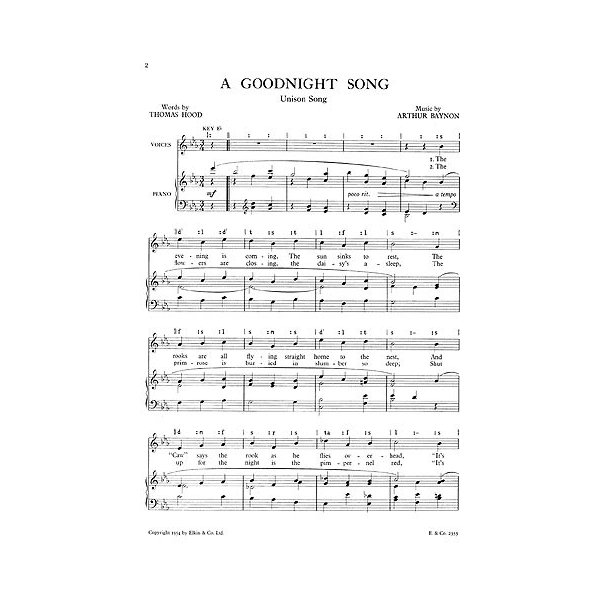 Arthur Baynon: A Goodnight Song Unison/Piano