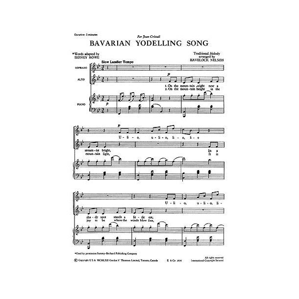 Nelson, H Bavarian Yodelling Song Sa/Piano