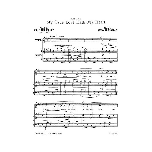 Plumstead: Mary My True Love Hath My Heart In E for Voice and Piano