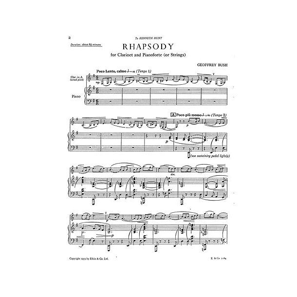 Geoffrey Bush: Rhapsody For Clarinet And Strings (Clarinet/Piano)