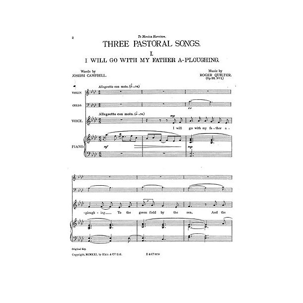 Quilter, R Three Pastoral Songs Op22 Sc/Pts (Vln,Vlc,Low Vce And Pf)