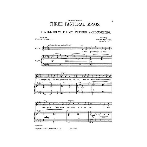 Quilter, R Three Pastoral Songs Op22 Low Voice And Piano