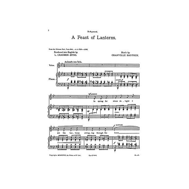 Bantock: Feast Of Lanterns. For Solo Low Voice and Piano In Bb