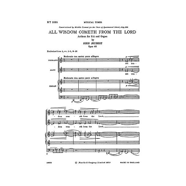 Joubert: All Wisdom Cometh From The Lord for SA Chorus