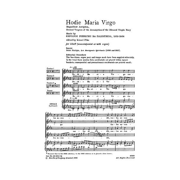 Palestrina: Hodie Maria Virgo for SSAT Chorus
