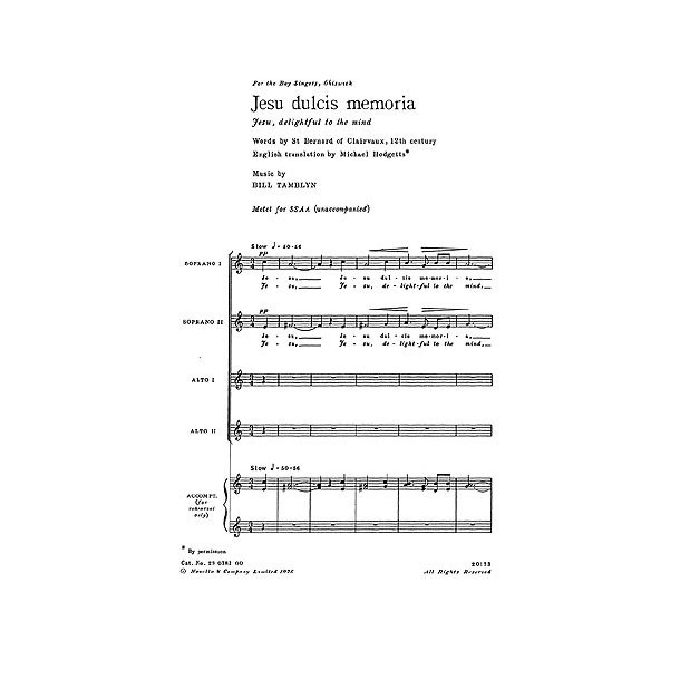 Bill Tamblyn: Jesu Dulcis Memoria (SSAA)