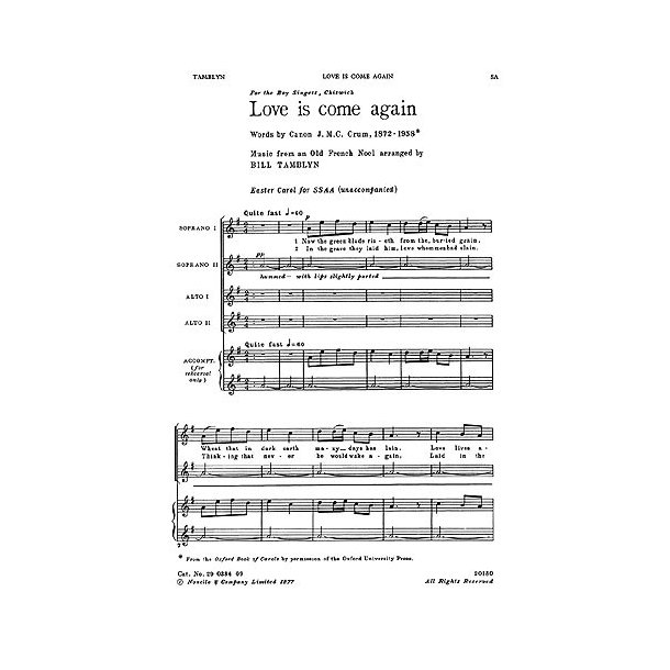 Bill Tamblyn: Love Is Come Again (SSAA)