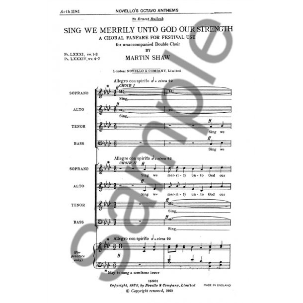 Martin Shaw: Sing We Merrily Unto God For Double Choir