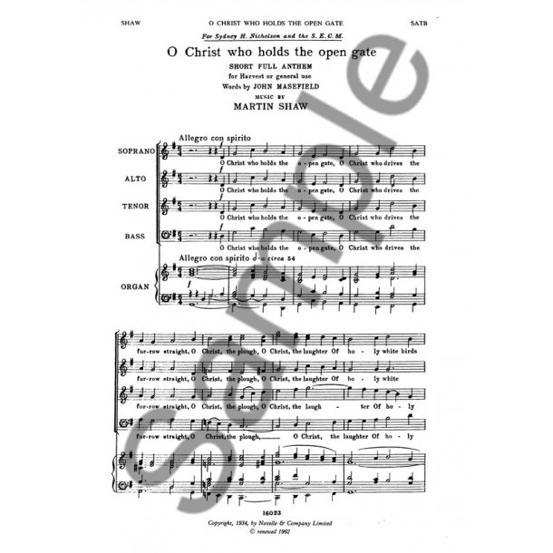 Martin Shaw: O Christ Who Hold The Open Gate for SATB Chorus with Organ acc.