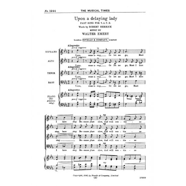 Walter Emery: Upon A Delaying Lady Satb/Piano