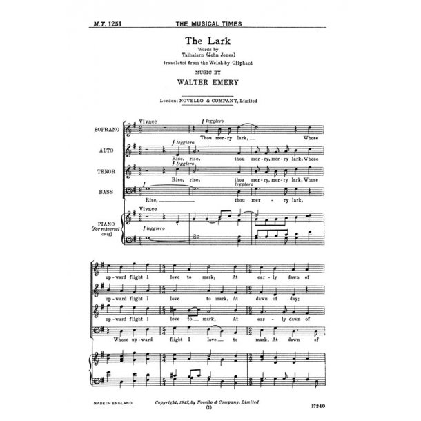 Walter Emery: The Lark Satb/Piano