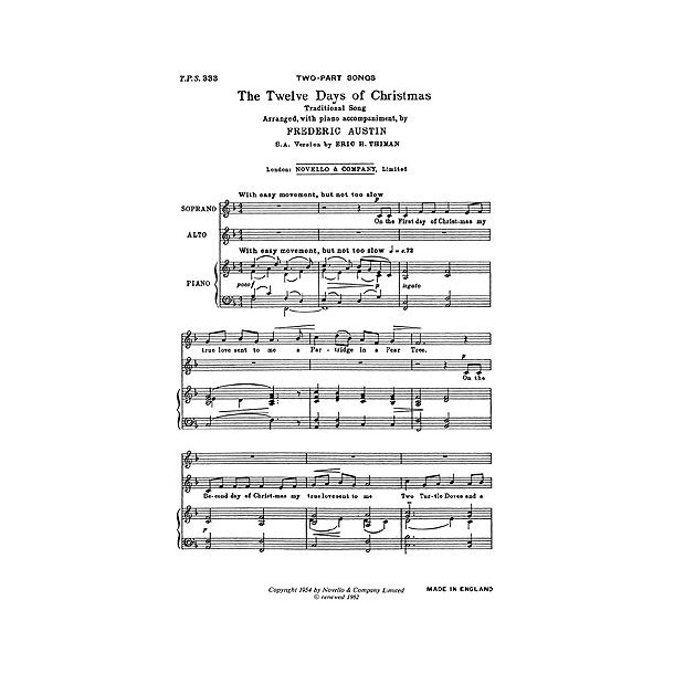 Thiman: Twelve Days Of Christmas for SA with Piano
