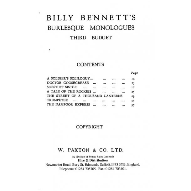 Billy Bennett: Third Budget Of Burlesque Monologues