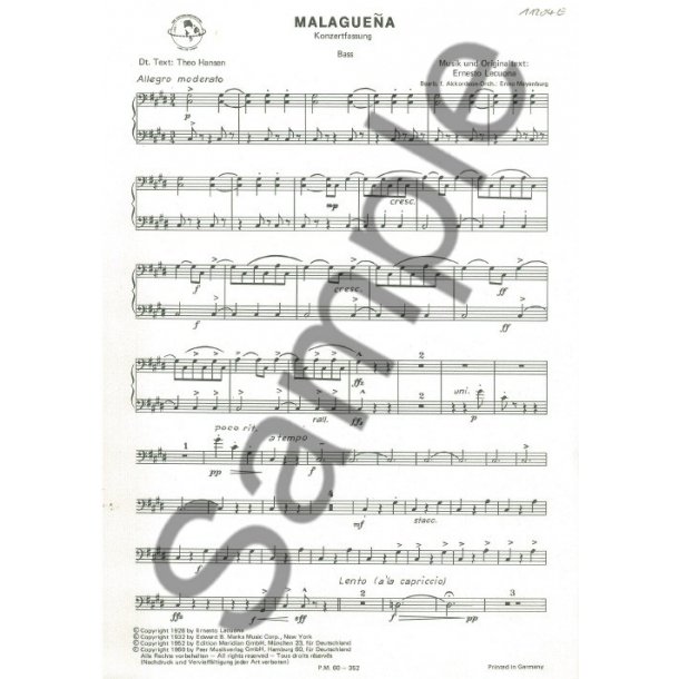 LECUONA ERNESTO MALAGUENA ACDN ORCH BASS PART