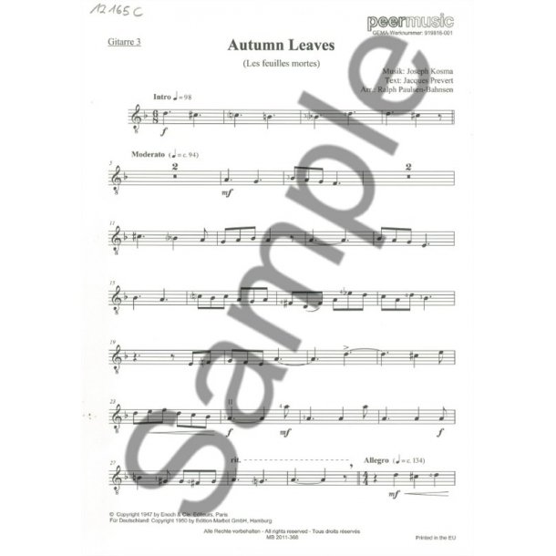 AUTUMN LEAVES GUITAR 4TET GTR 3 PART