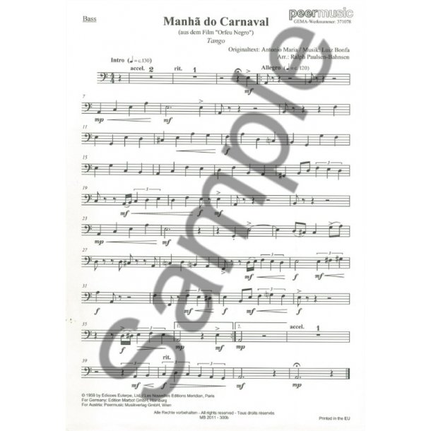MANHA DE CARNAVAL GUITAR 4TET BASS PART