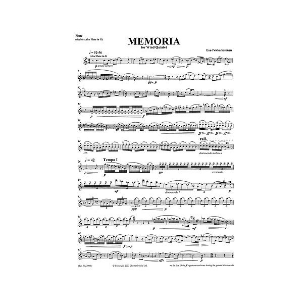 Esa-Pekka Salonen: Memoria For Wind Quintet (Parts)