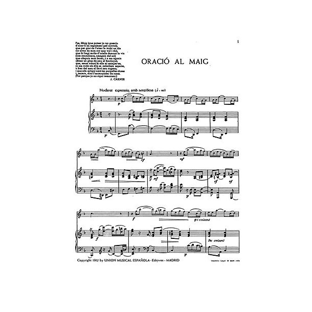 Toldra: Oracio Al Maig (Amaz) for Clarinet and Piano