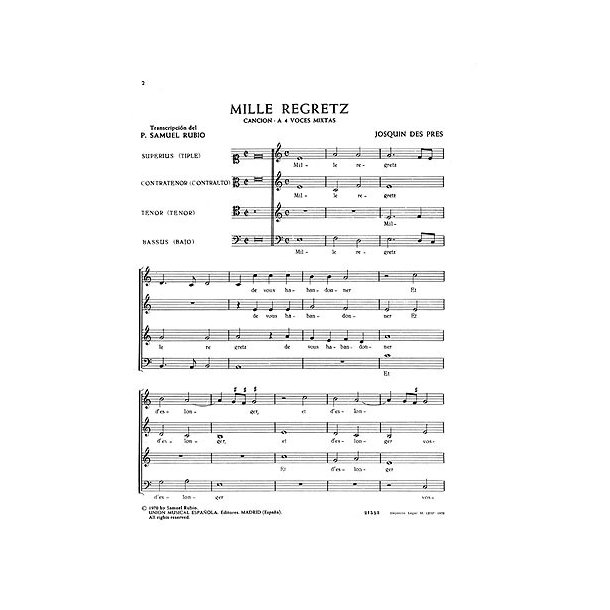 Josquin Des Prez: Mile Regretz (SATB)