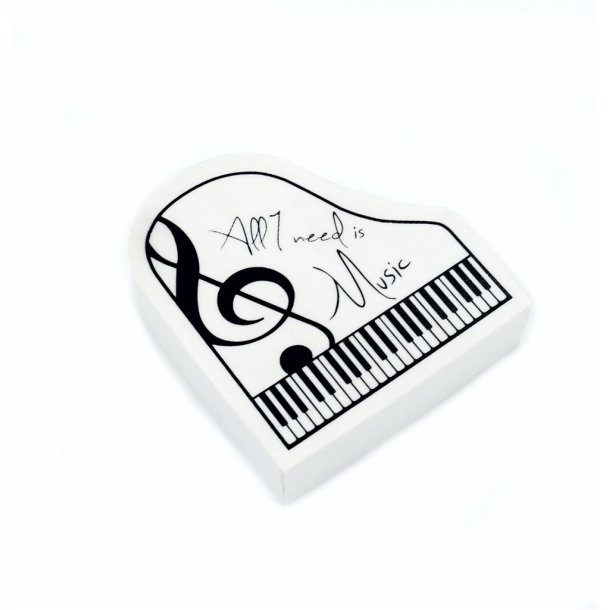 Suddgummi i pianodesign med texten "All I Need Is Music": Vit, 4,4 x 4 cm