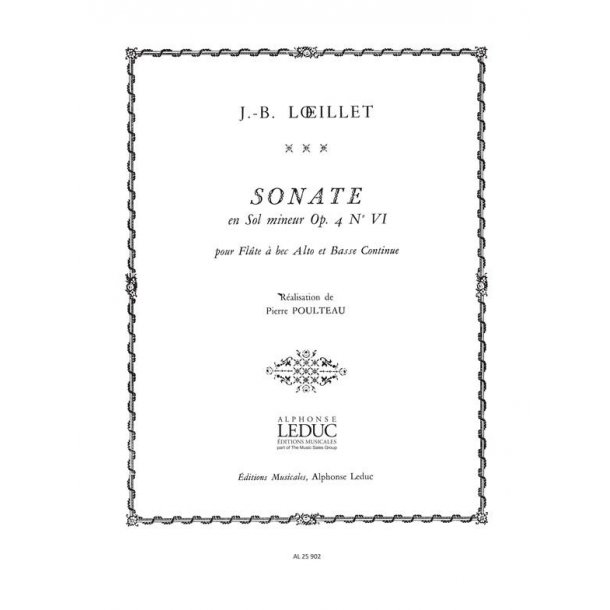 Loeillet De Gant Sonata G Minor Op 4 No 6 Treble Recorder & Bcont Bk