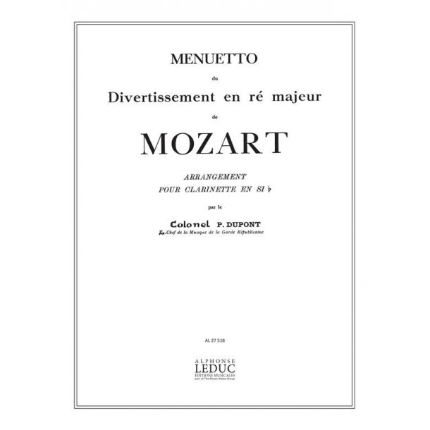 Mozart Dupont Menuetto Du Divertissement In D Clarinet & Piano Book