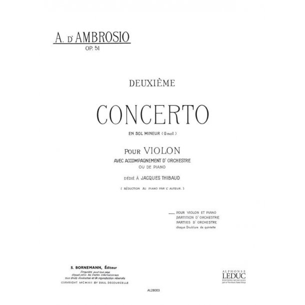D'ambrosio Concerto No 2 In G Minor Violin & Piano Book