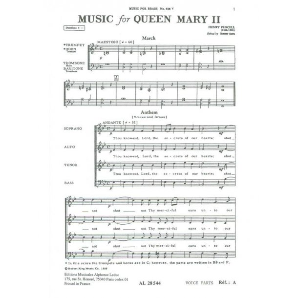 Purcell Music For Queen Mary 2 Brass Quartet & Choir Vocal Score